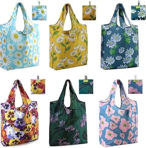 BeeGreen Reusable Grocery Bags 6 Pack Reusable Shopping Bag with Cute Flower Patterns Extra ...