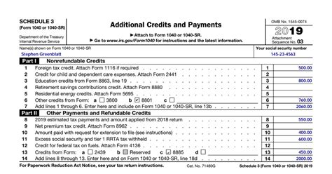 IRS Form 1040 Schedule 3 (2019) - Additional Credits and Payments