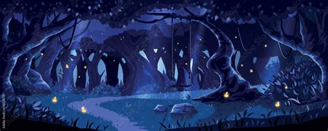 Panoramic view of the mysterious night fairy forest from the swing cartoon concept, path through ...