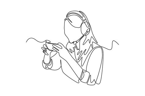 Single one line drawing happy young girl wearing headset playing online ...