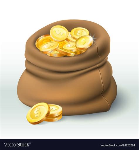 Gold coins bag. Golden coin wealth, big cash sack and money bonus ...