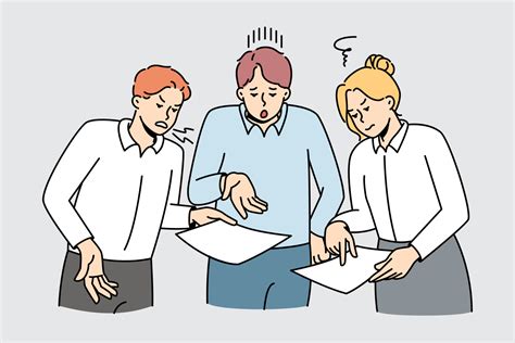 Colleagues fight about company paperwork. Businesspeople have misunderstanding or quarrel at ...