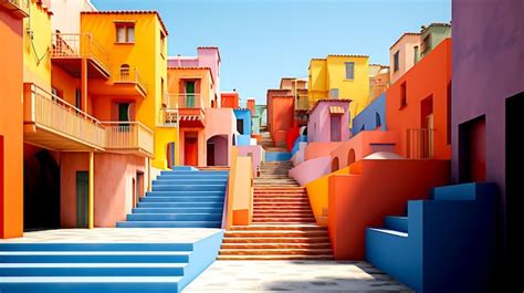 Premium AI Image | A set of stairs leading up to a colorful buildings