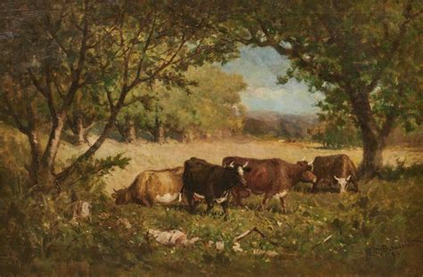 Lot - EDWARD MITCHELL BANNISTER, (American, 1828-1901), Cows Grazing Under the Oaks, 1893, oil ...