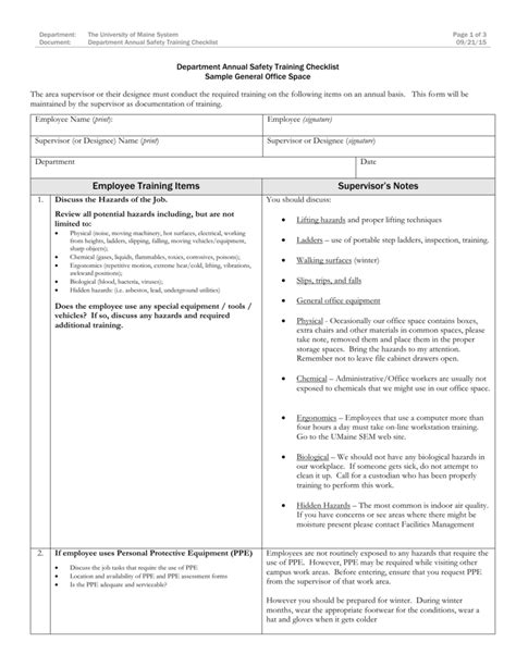 Department Annual Safety Training Checklist