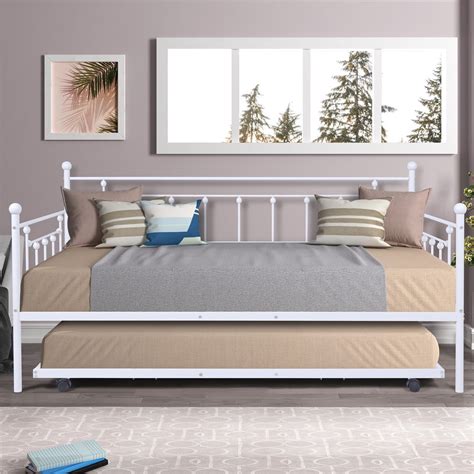 Bed with Trundle, Metal Trundle Bed Frame Twin Daybed w/ Trundle Bed ...