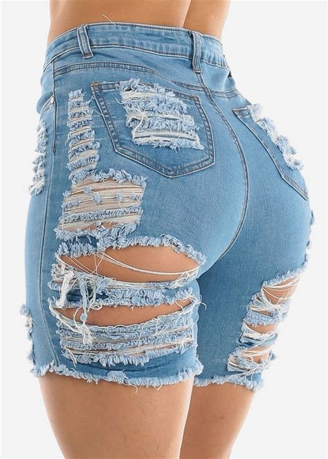 Distressed Light Wash Denim Bermuda Shorts - 7 | Light wash denim, Torn ...