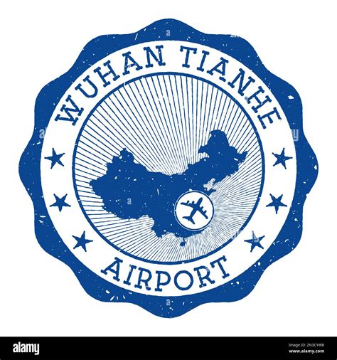 Wuhan Tianhe Airport stamp. Airport of Wuhan round logo with location on China map marked by ...