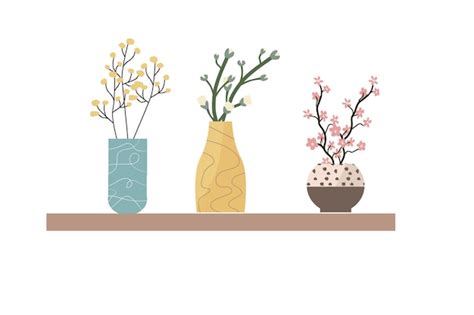 Premium Vector | Spring branch in decorative vases set in flat style