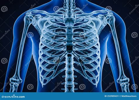 Anterior or Front View of Accurate Human Rib Cage Close-up with Adult Male Body Contours on Blue ...