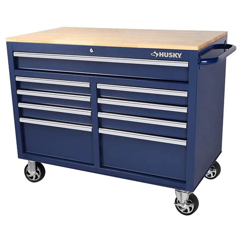 Husky 46 inch 9-Drawer Mobile Workbench with Solid Wood Top in Blue | The Home Depot Canada