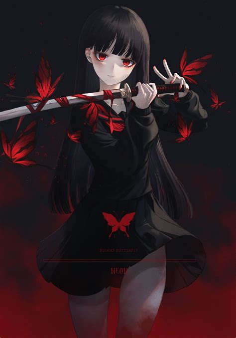 Yandere girl with katana: Original anime character [drawing by Neon (pixiv 31150749)] - Tumblr Pics