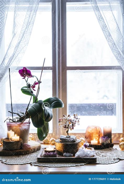 Feng Shui Nature Theme Altar at Home Table and on Window Sill. Stock ...