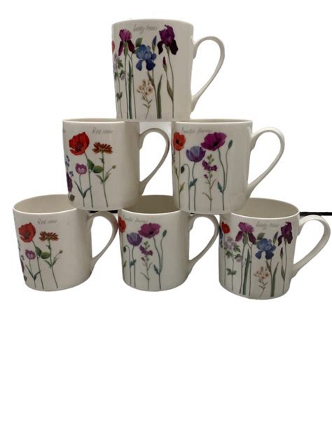 Set of 6 Floral Fine Bone China Mugs