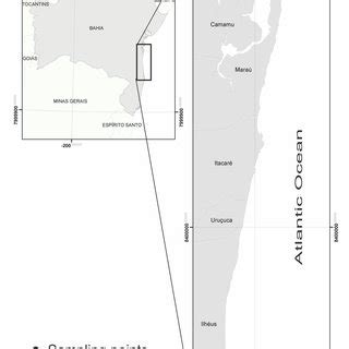 Map showing the sampling points along the southern coast of Bahia ...