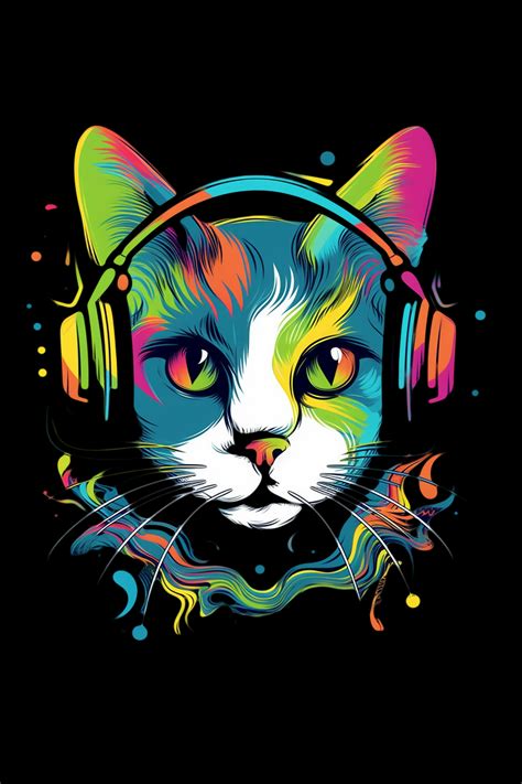 Colorful cat portrait wearing headphones T-Shirt in 2024 | Pop art ...