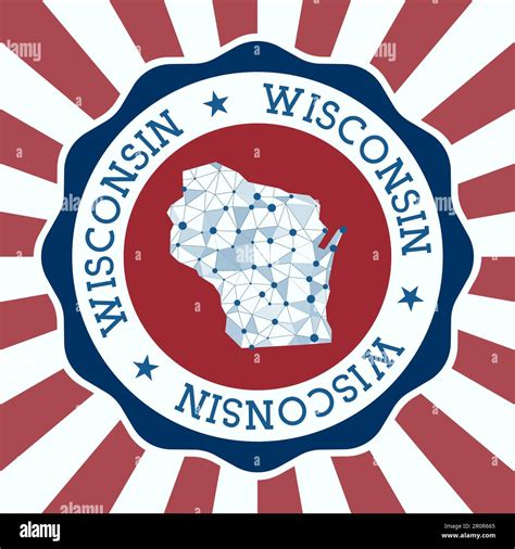 Wisconsin Badge. Round logo of us state with triangular mesh map and radial rays. EPS10 Vector ...