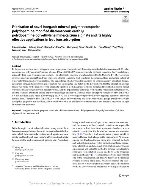 Fabrication of novel inorganic mineral-polymer composite polydopamine-modified diatomaceous ...