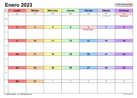 Calendario enero 2023 en Word, Excel y PDF - Calendarpedia