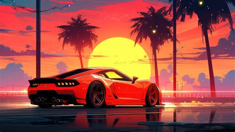 Sports Car Sunset Palm Trees 4K #3331m Wallpaper PC Desktop