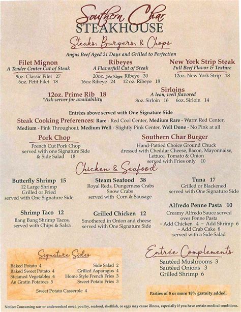 Menu at Southern Char Steakhouse, Picayune