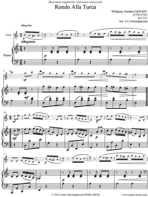 Mozart. K331 Rondo Alla Turca. Violin and Piano, A mi classical sheet music