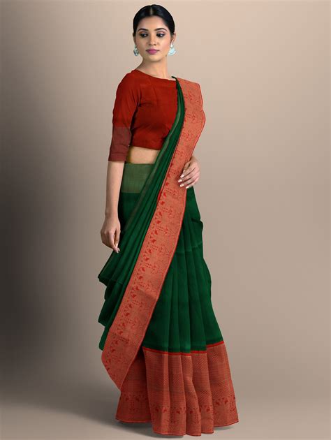 Dark Green South Silk Plain Saree with Contrast Border and Pallu ...