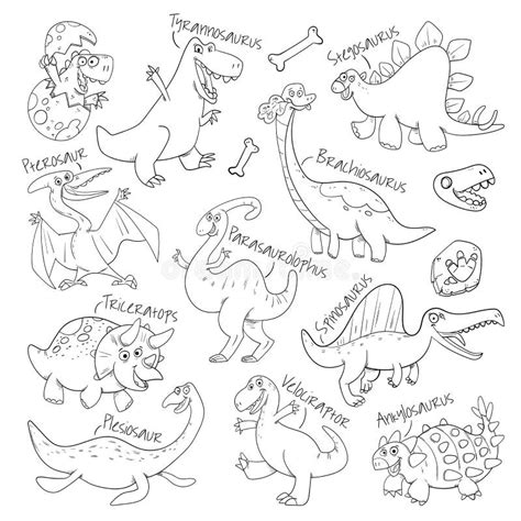 Set of Cute Dinosaurs. Black and White Cartoon Characters Stock Vector ...