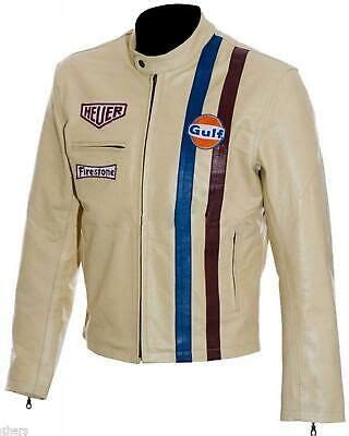 Men's Steve McQueen Le Mans Gulf Racing Style Leather Jacket - S M L XL XXL XXXL | Cream leather ...