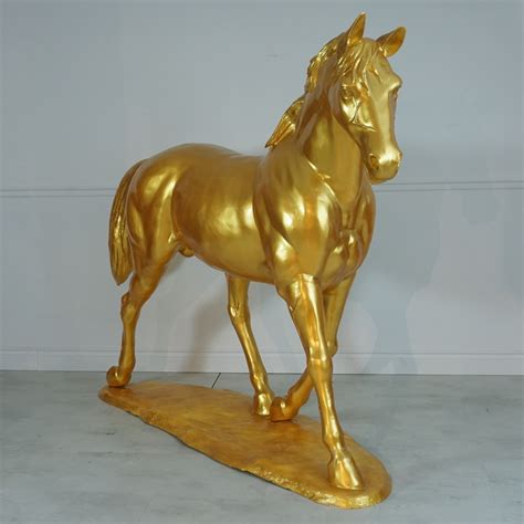 Life Size Walking Horse Statue in Gold Finish - IronGate Garden Elements