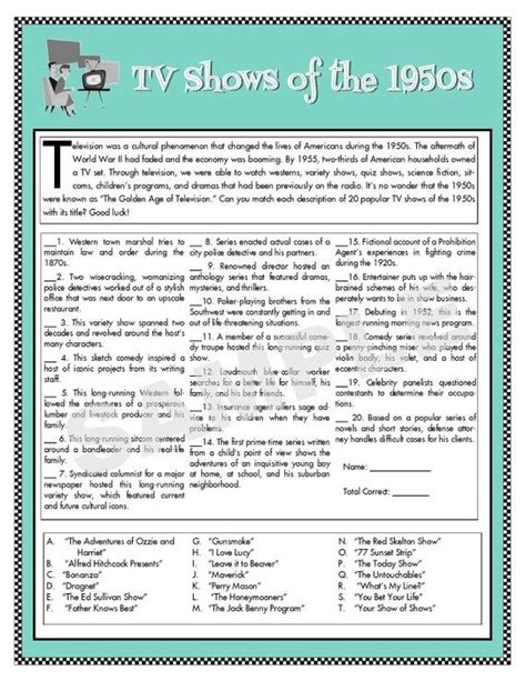 TV Shows of the 1950s Printable Matching Game TV Trivia | Etsy in 2021 ...