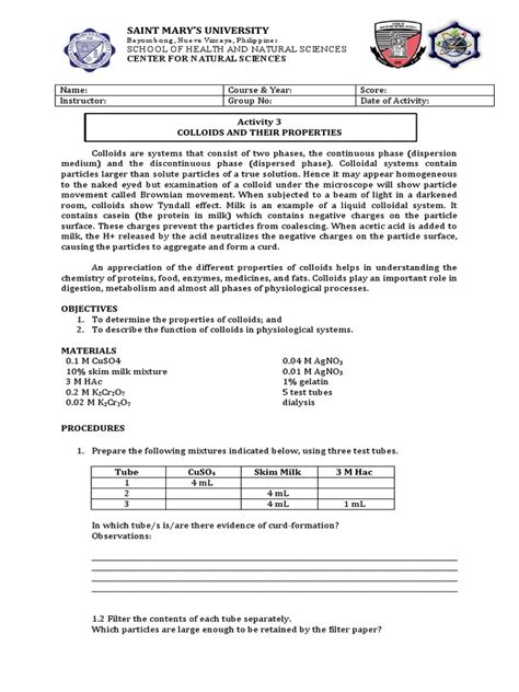 LAB 3 Colloids and Their Properties 2 | PDF | Colloid | Physical Chemistry