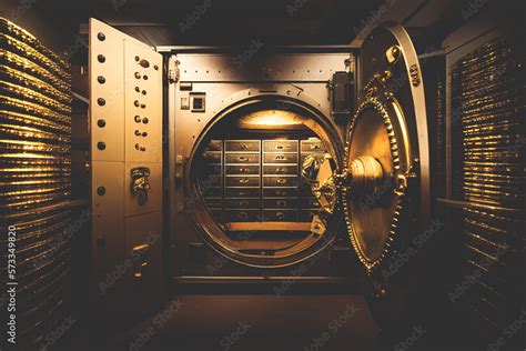 Bank vault with open door. Store Gold bar, inside in Gold vault money. Dollar and euro vault ...