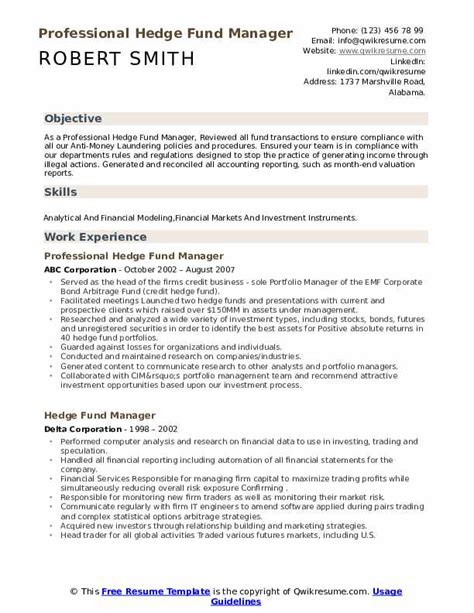 Hedge Fund Manager Resume Samples | QwikResume