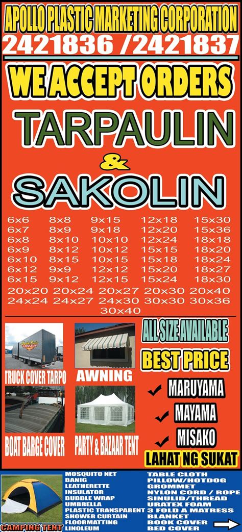 SAKOLIN AND TARPAULIN CUSTOM SIZE - APOLLO PLASTIC MARKETING CORPORATION