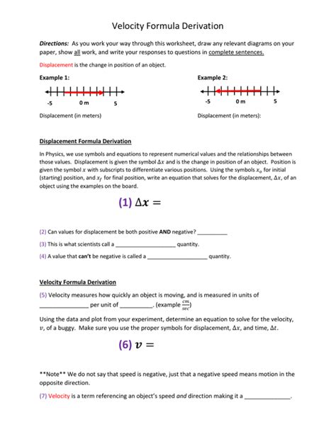 Velocity Formula Derivation Directions: Example 1: