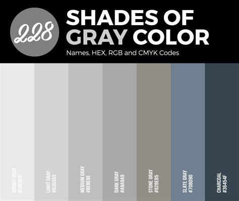 228 Shades of Gray Color (Names, HEX, RGB, & CMYK Codes) | Grey color names, Shades of gray ...