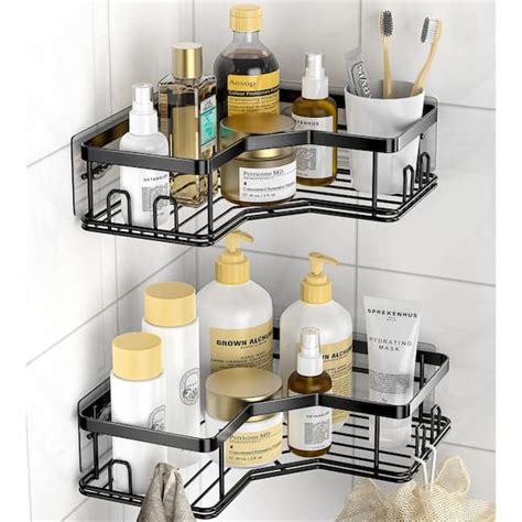 Cubilan Wall Mount Adhesive Stainless Steel Corner Shower Caddy Organizer Shelf with 8 hooks in ...