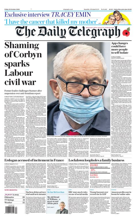 Daily Telegraph Front Page 30th of October 2020 - Tomorrow's Papers Today!