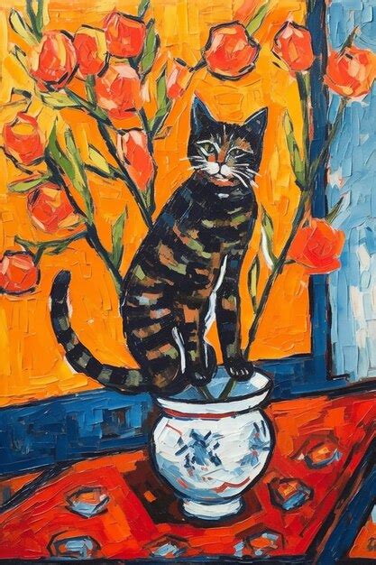 Premium AI Image | A painting of a cat sitting on a table with orange ...