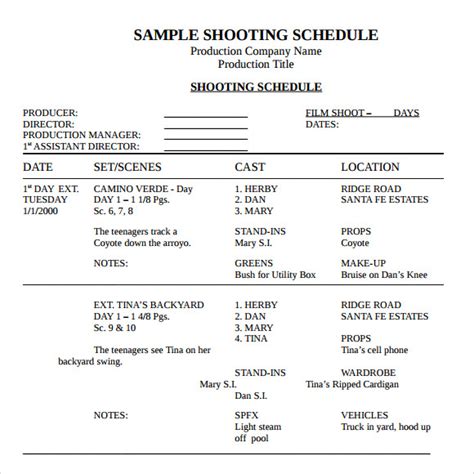 13+ Sample Shooting Schedules | Sample Templates