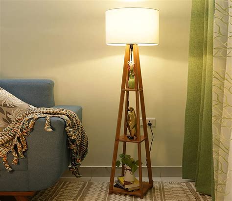 Buy Beige Wooden Floor Lamp with Shelf White Shade Online in India at Best Price - Modern Floor ...