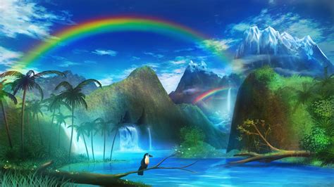 Anime HD Wallpaper: Serene Tree, Water, Mountain & Rainbow Landscape by ...