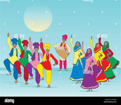 an illustration of a Punjabi folk dance with men and women in traditional dress and musician on ...