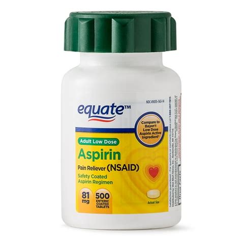 Equate Pain Reliever Adult Low Dose Aspirin Enteric Coated Tablets, 81 mg, 500 Count - Walmart ...