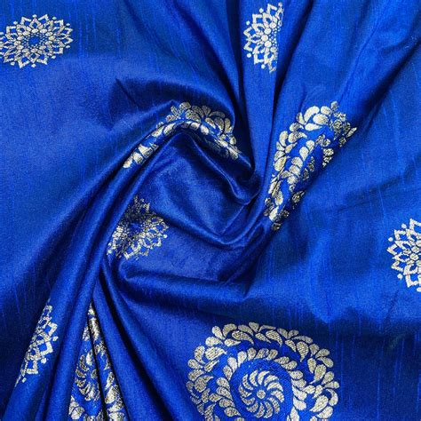 Buy Royal Blue Floral With Gold Foil Dupion Silk Fabric Online – TradeUNO Fabrics