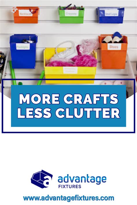 the words more crafts less clutter are in blue and white with colorful bins