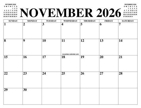 NOVEMBER 2026 CALENDAR OF THE MONTH: FREE PRINTABLE NOVEMBER CALENDAR ...