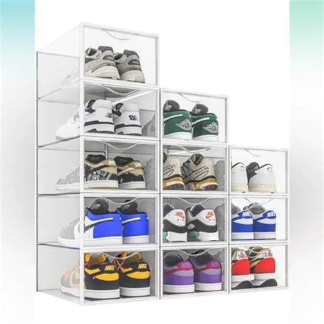 12 PACK SHOE Storage Bins Clear Plastic Stackable Organizer Closet ...