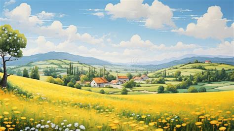 Painting of Yellow Field with Tree Stock Illustration - Illustration of ...